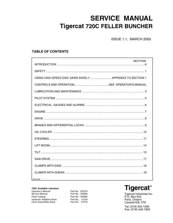 Tigercat 720C Feller Buncher Repair Service Manual (SN 7203001 – 7203499)