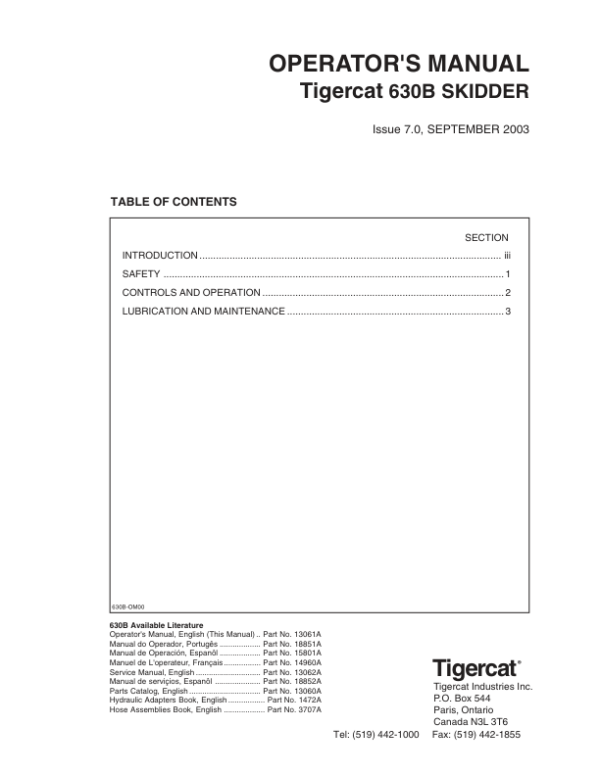 Tigercat 630B Skidder Repair Service Manual (6301001 – 6301999)