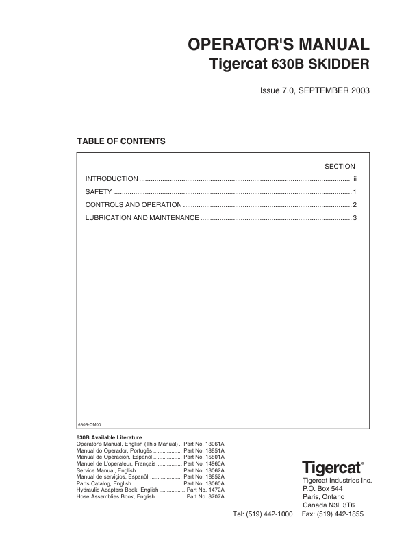 Tigercat 630B Skidder Repair Service Manual (6301001 – 6301999)
