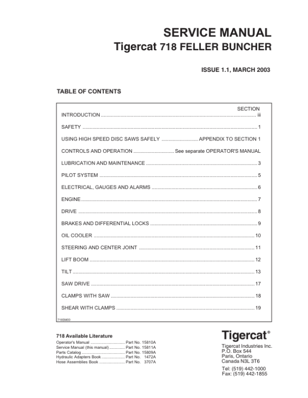 Tigercat 718 Feller Buncher Repair Service Manual (SN 7180101 – 7180900)
