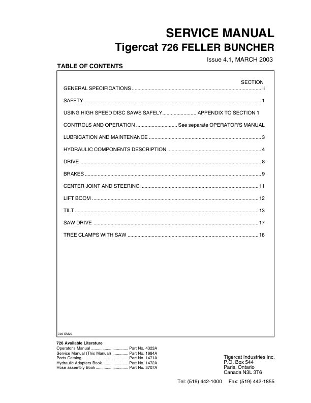 Tigercat 726 Feller Buncher Repair Service Manual (SN 7260101 – 7260999)