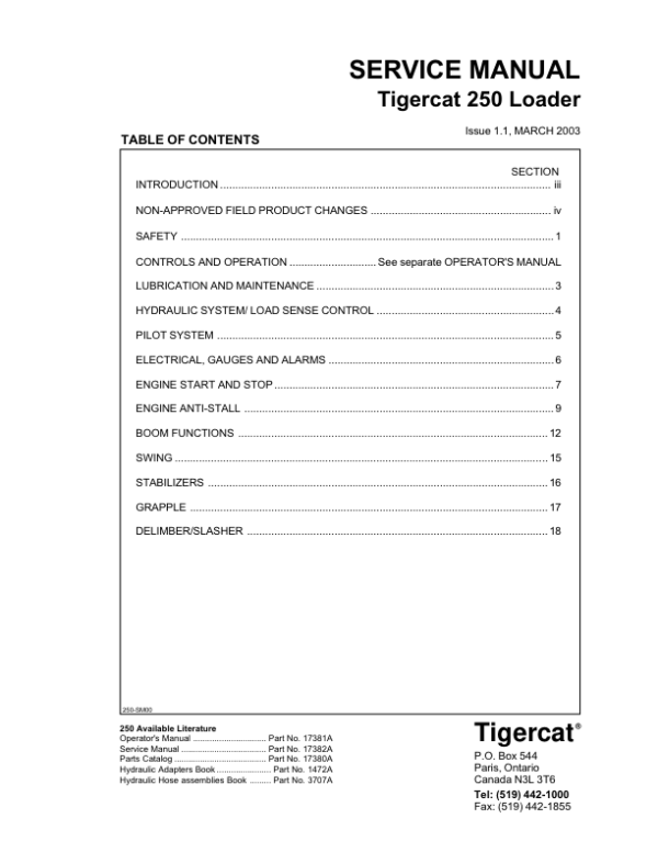 Tigercat 250 Loader Repair Service Manual (2500101 – 2500499)