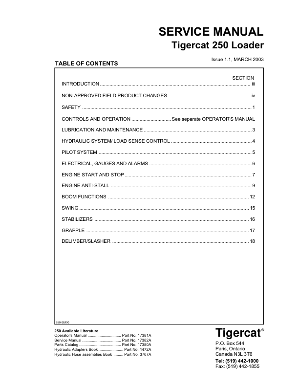 Tigercat 250 Loader Repair Service Manual (2500101 – 2500499)