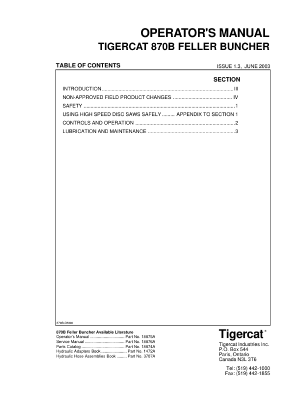 Tigercat 870B, L870B Feller Buncher Repair Service Manual
