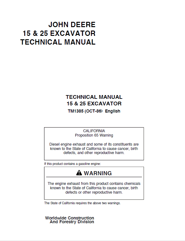 John Deere 15 and 25 Excavator Repair Technical Manual Workshop Guide