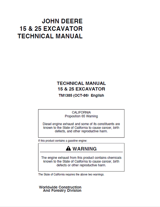 John Deere 15 and 25 Excavator Repair Technical Manual Workshop Guide