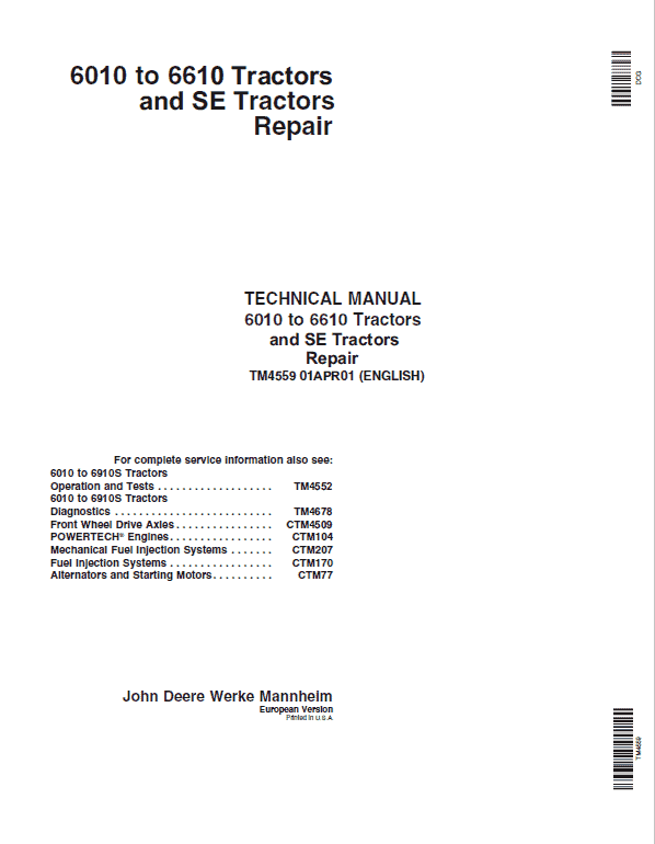 John Deere 6010, 6110, 6210, 6310, 6410, 6510, 6610 Tractor Technical Manual Workshop Guide