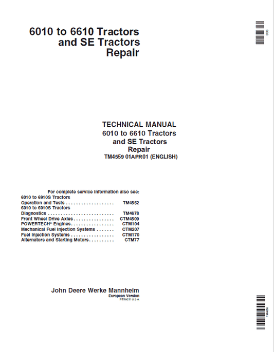 John Deere 6010, 6110, 6210, 6310, 6410, 6510, 6610 Tractor Technical Manual Workshop Guide