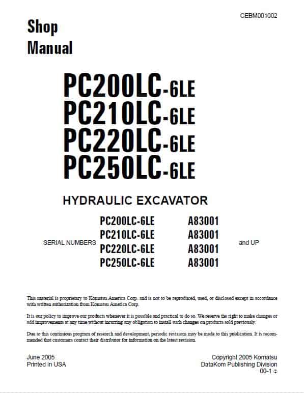 Komatsu PC200LC-6LE, PC210LC-6LE, PC220LC-6LE, PC250LC-6LE Excavator Repair Manual Workshop Guide