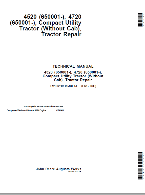 John Deere 4520, 4720 Compact Utility Tractors Technical Manual (Without Cab – S.N 650001-) Workshop Guide