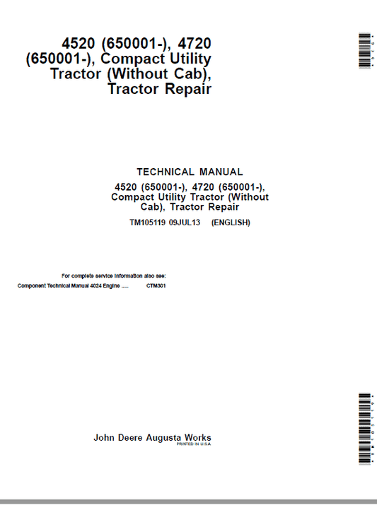 John Deere 4520, 4720 Compact Utility Tractors Technical Manual (Without Cab – S.N 650001-) Workshop Guide