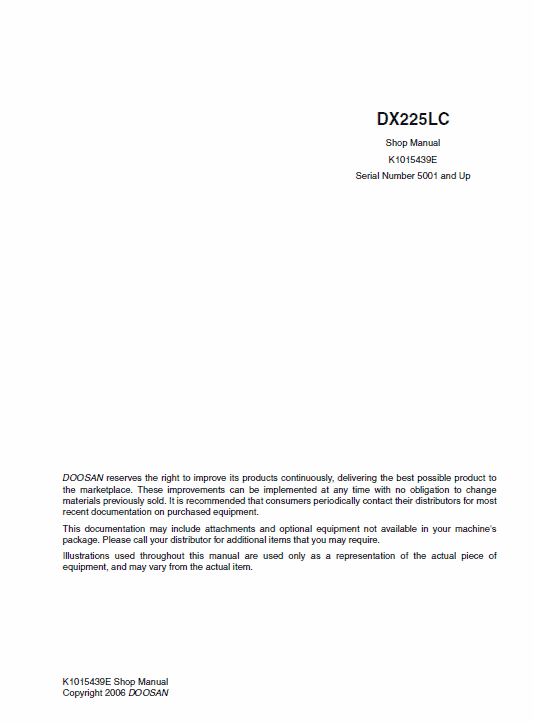 Doosan Daewoo DX225LC Excavator Service Manual Workshop Guide