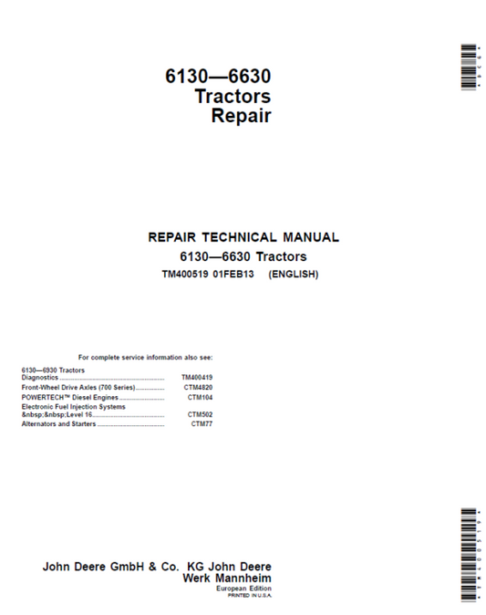 John Deere 6130, 6230, 6330, 6430, 6530, 6534, 6630 Tractors (EU) Service Repair Manual Workshop Guide