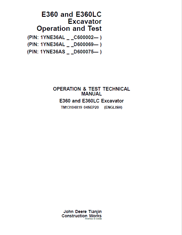John Deere E360, E360LC Excavator Repair Technical Manual (S.N after C600002 & D600069- ) Workshop Guide
