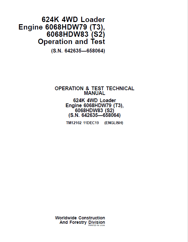 John Deere 624K 4WD Loader with Engine T2 & T3 Technical Manual (SN. 642635 – 658064) Workshop Guide