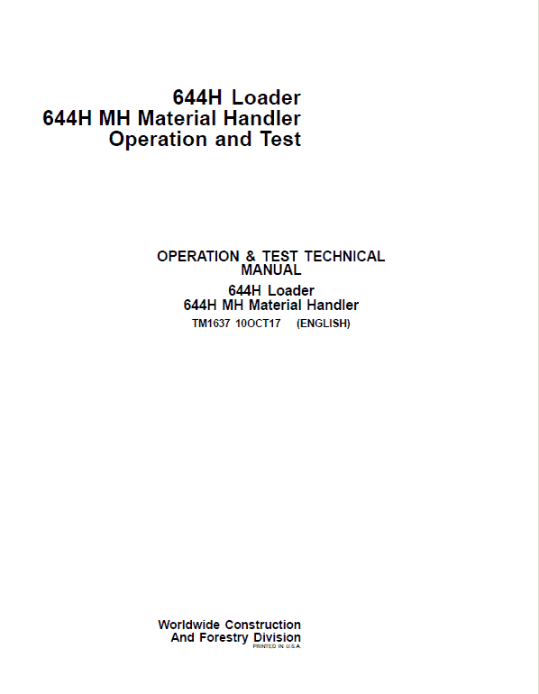 John Deere 644H loader 644H Material Handler Repair Technical Manual Workshop Guide