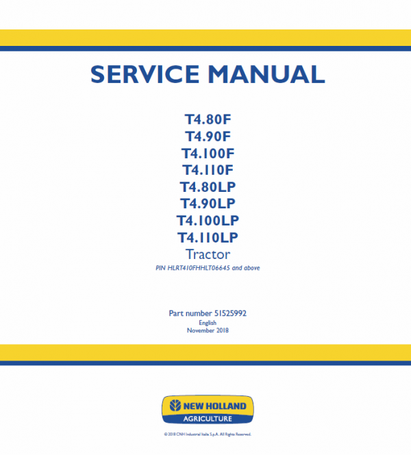 New Holland T4.80LP, T4.90LP, T4.100LP, T4.110LP Tractor Service Manual Workshop Guide