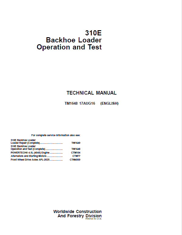 John Deere 310E Backhoe Loader Repair Technical Manual Workshop Guide