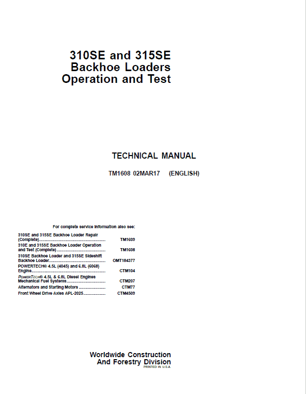 John Deere 310SE, 315SE Backhoe Loader Repair Technical Manual Workshop Guide