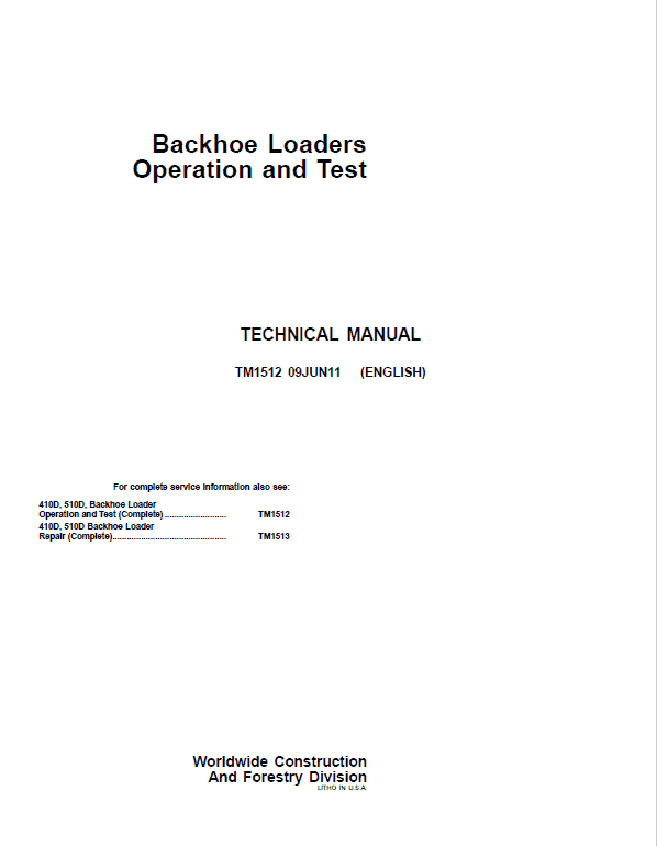 John Deere 410D, 510D Backhoe Loader Repair Technical Manual Workshop Guide