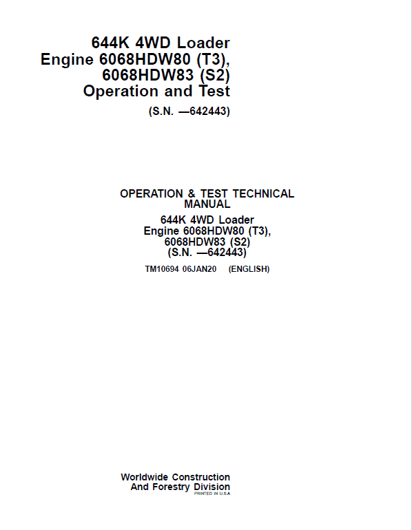 John Deere 644K 4WD Engine S2 & T3 Loader Technical Manual (S.N. before 642443) Workshop Guide