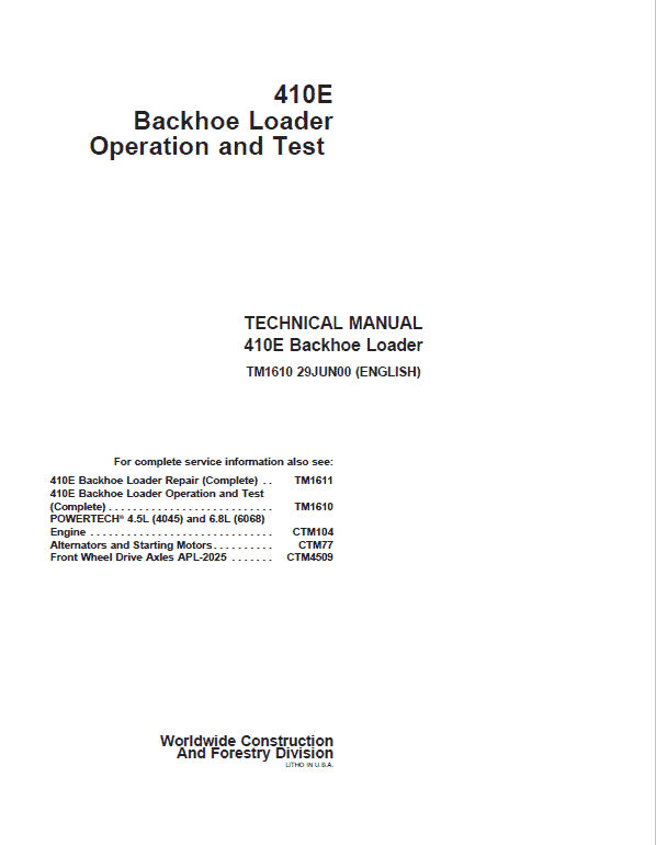 John Deere 410E Backhoe Loader Repair Technical Manual Workshop Guide