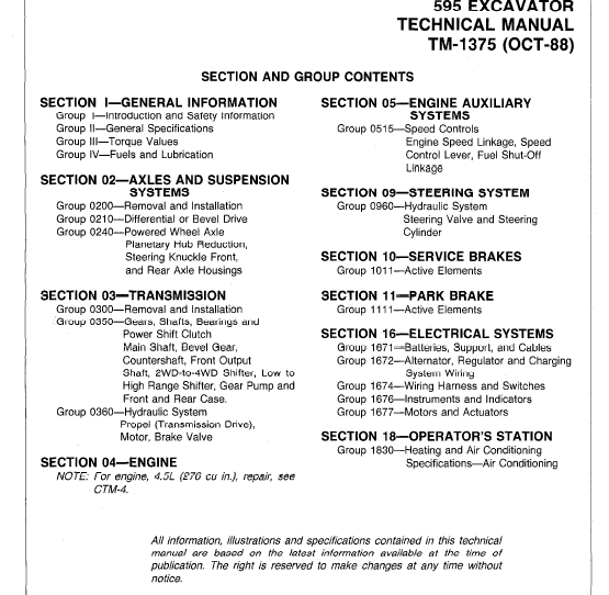 John Deere 595 Excavator Repair Technical Manual (TM1375) Workshop Guide