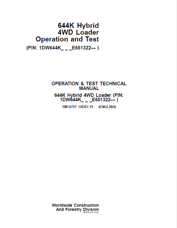 John Deere 644K Hybrid 4WD Loader Technical Manual (S.N after E651322 -) Workshop Guide