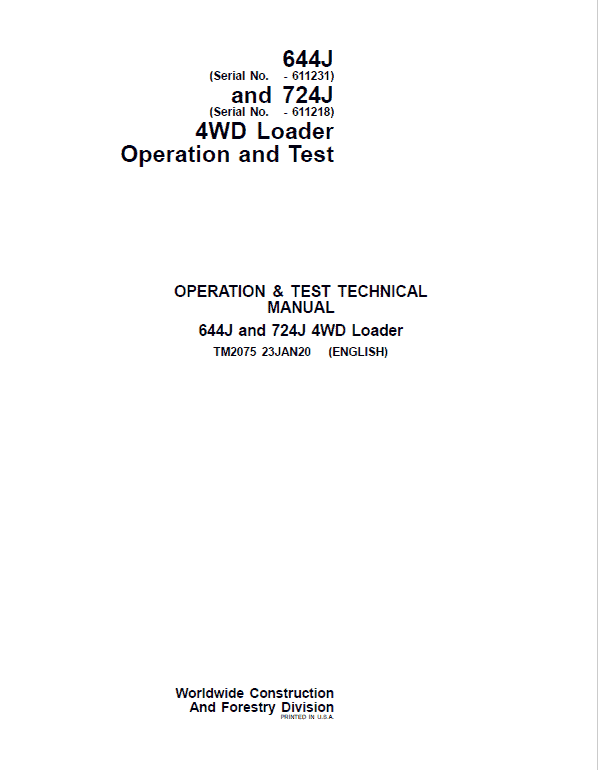 John Deere 644J, 724J 4WD Loader Repair Technical Manual (S.N before – 611231) Workshop Guide