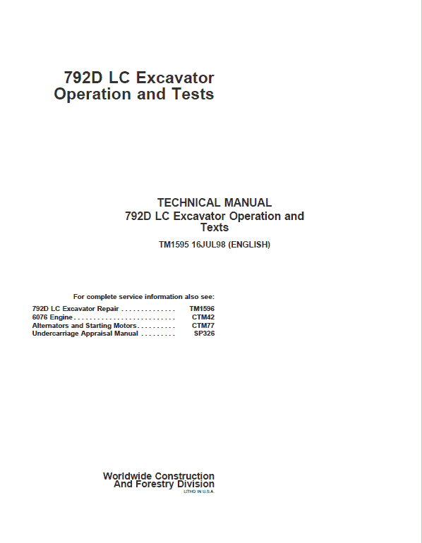 John Deere 792D LC Excavator Repair Technical Manual Workshop Guide