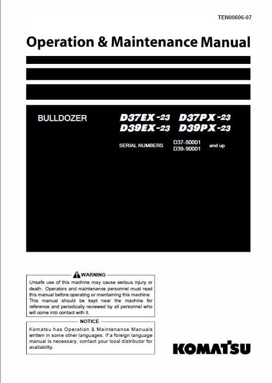 Komatsu D37EX-23, D37PX-23, D39EX-23, D39PX-23 Dozer Service Manual Workshop Guide