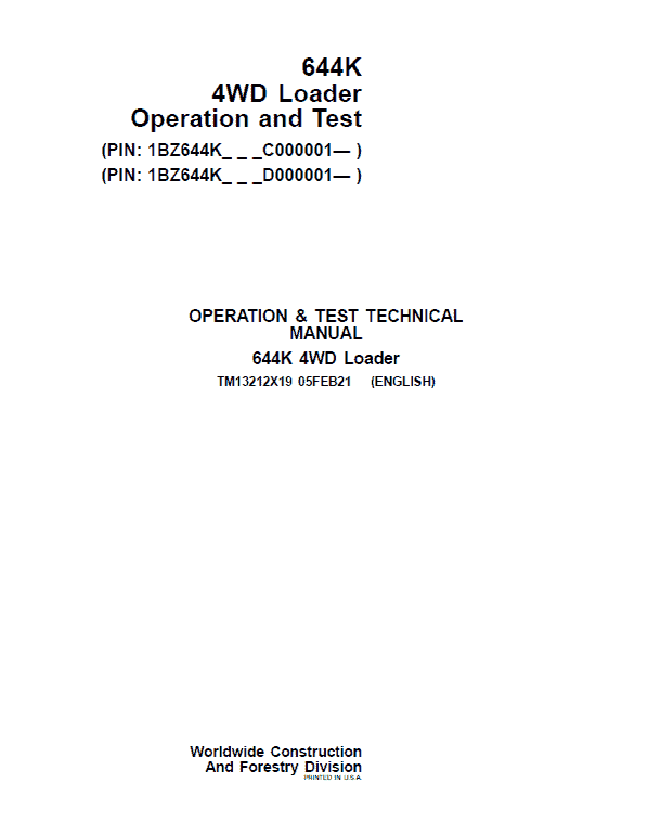 John Deere 644K 4WD Loader Technical Manual (S.N. after C000001 & D000001 – ) Workshop Guide