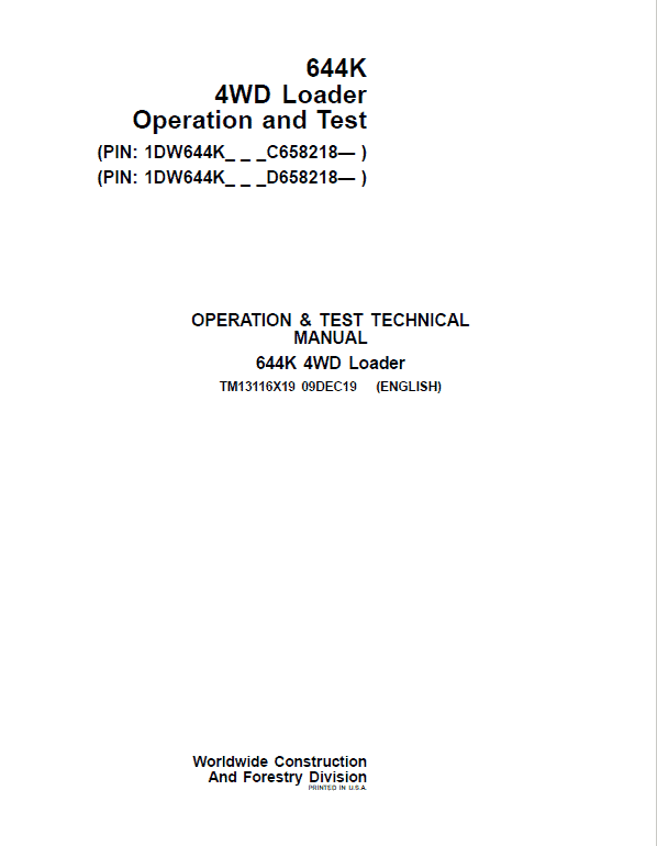 John Deere 644K 4WD Loader Technical Manual (S.N. after C658218 & D658218 – ) Workshop Guide