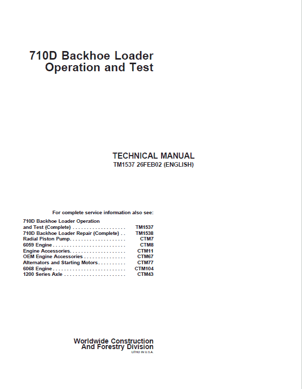 John Deere 710D Backhoe Loader Repair Technical Manual Workshop Guide