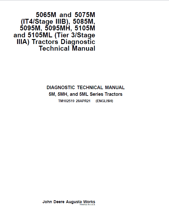 John Deere 5085M, 5095M, 5095MH, 5105M, 5105ML (Tier 3) Tractor Repair Manual Workshop Guide
