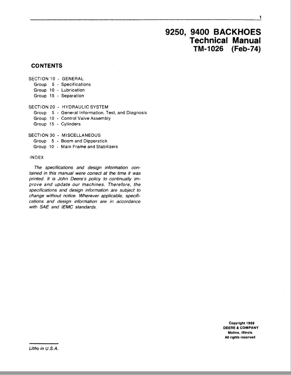 John Deere 9250, 9400 Backhoe Loader Repair Technical Manual Workshop Guide
