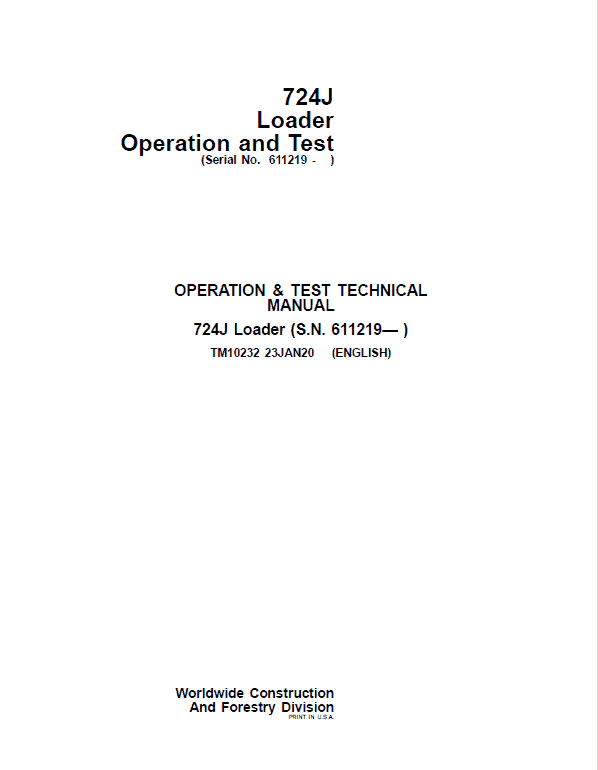 John Deere 724J Loader Repair Technical Manual (S.N. after 611219 -) Workshop Guide
