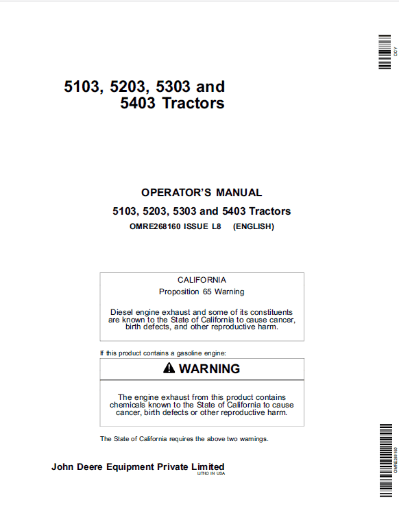 John Deere 5103, 5103S, 5103E, 5203 Tractors Repair Technical Manual Workshop Guide