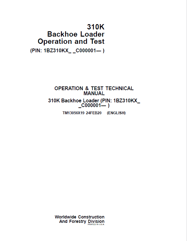 John Deere 310K Backhoe Loader Repair Technical Manual (S.N after C000001 – ) Workshop Guide