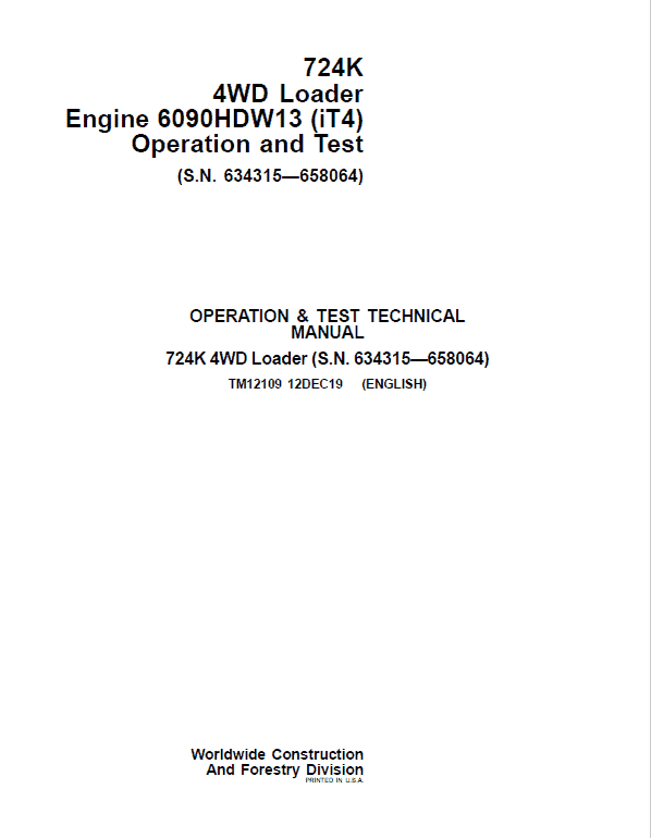 John Deere 724K 4WD Engine 6090HDW13 (iT4) Technical Manual (S.N 634315 – 658064) Workshop Guide