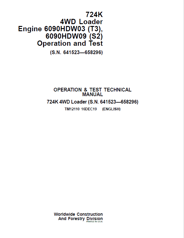 John Deere 724K 4WD Engine S2 & T3 Loader Technical Manual (S.N. 641523 – 658296) Workshop Guide