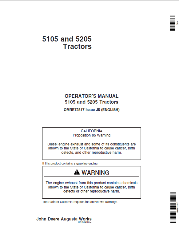 John Deere 5105, 5205 Tractors Repair Technical Manual Workshop Guide