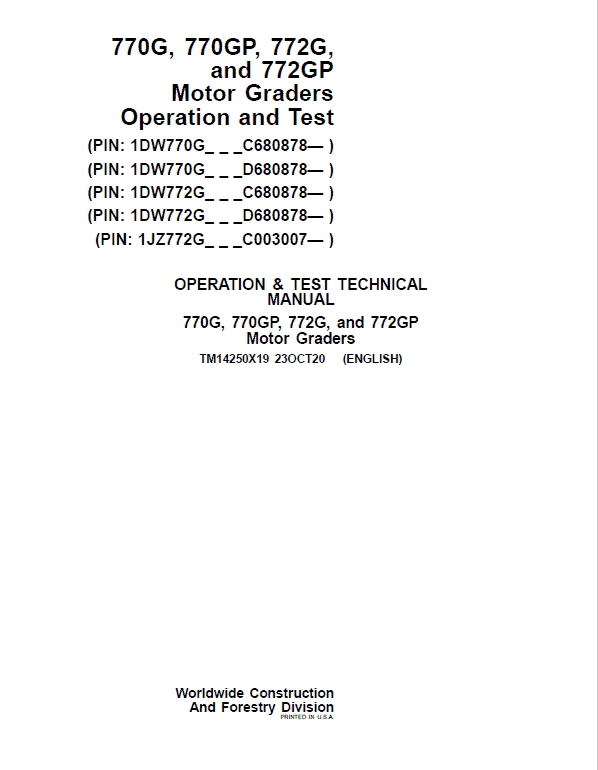 John Deere 770G, 770GP, 772G, 772GP Grader Technical Manual (S.N 680878 & C003007 – ) Workshop Guide