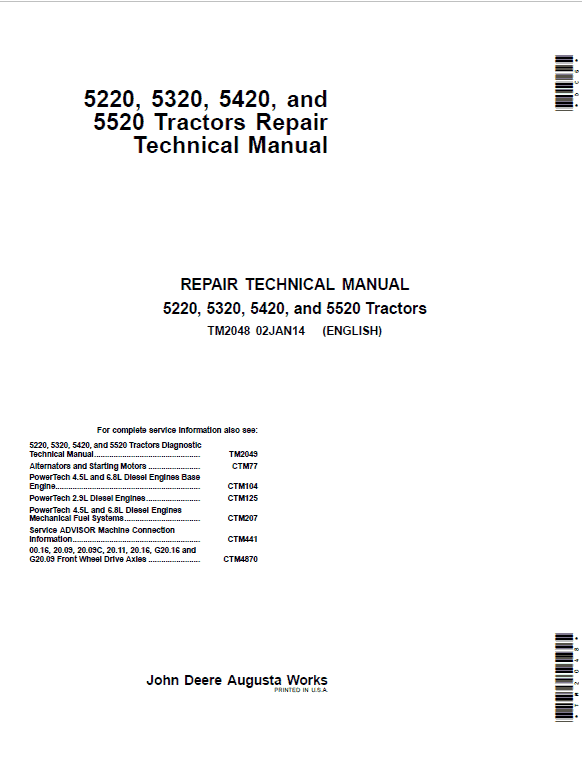 John Deere 5220, 5320, 5420, 5520 Tractor Repair Technical Manual Workshop Guide