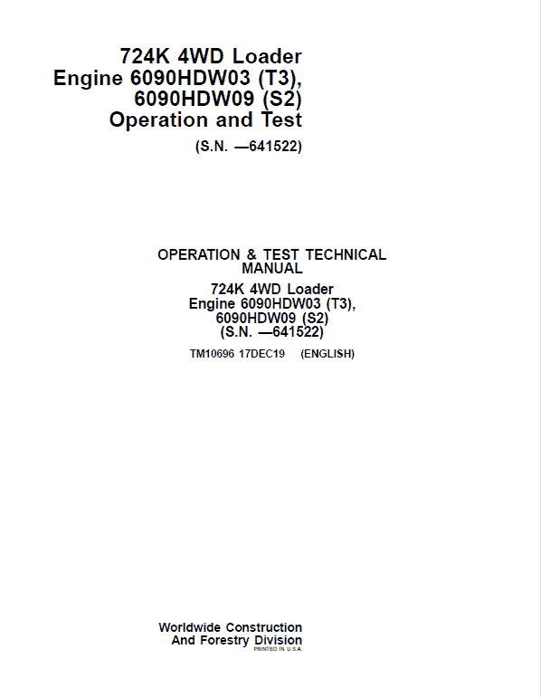 John Deere 724K 4WD Engine S2 & T3 Loader Technical Manual (S.N. before 641522) Workshop Guide