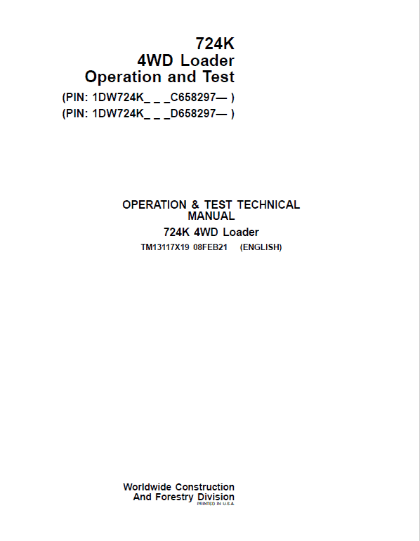John Deere 724K 4WD Loader Technical Manual (S.N. after C658297 & D658297 – ) Workshop Guide