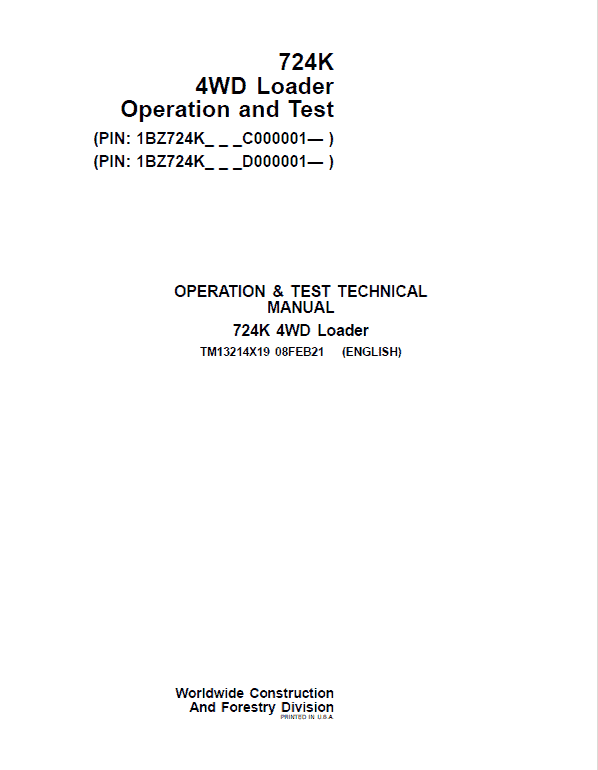 John Deere 724K 4WD Technical Manual (S.N from C000001 & D000001 – ) Workshop Guide