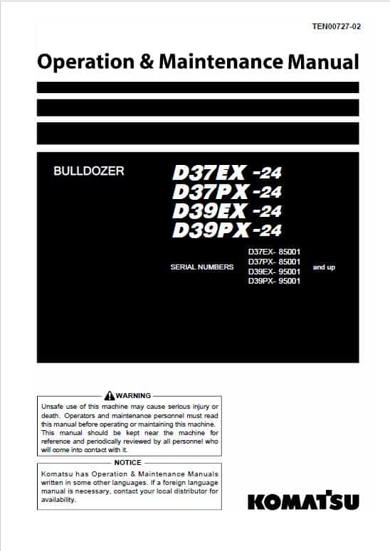 Komatsu D37EX-24, D37PX-24, D39EX-24, D39PX-24 Dozer Service Manual Workshop Guide