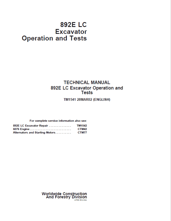 John Deere 892E LC Excavator Repair Technical Manual Workshop Guide