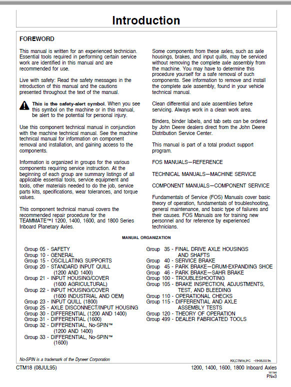 John Deere TeamMate I 1200, 1400, 1600, 1800 Series Inboard Planetary Axles Manual Workshop Guide